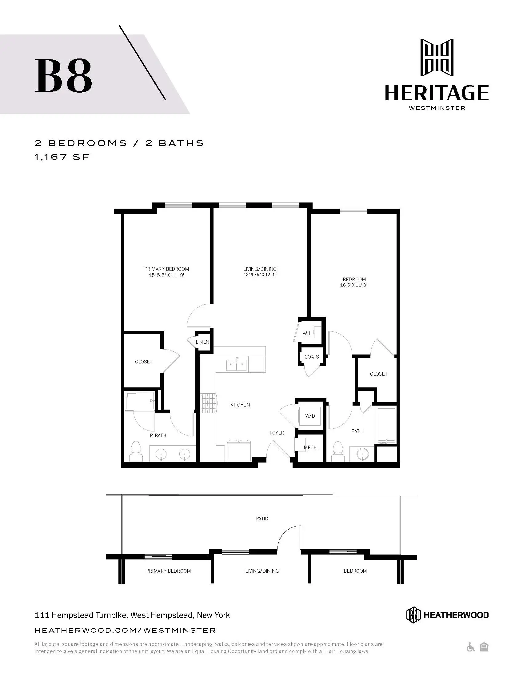 Floor plan for a 2 bedroom, 2 bath apartment.