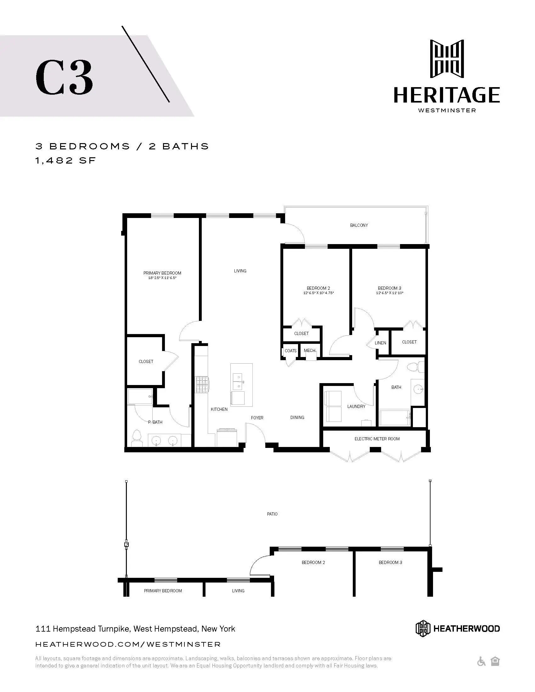 A floor plan for a 3 bedroom, 2 bathroom apartment at Heritage Westminster.
