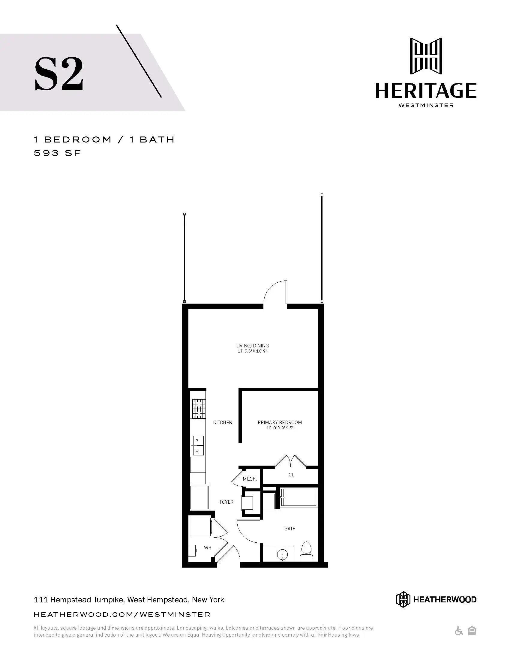 A floor plan for a 1 bedroom/1 bath apartment at Heatherwood in West Hempstead, New York.